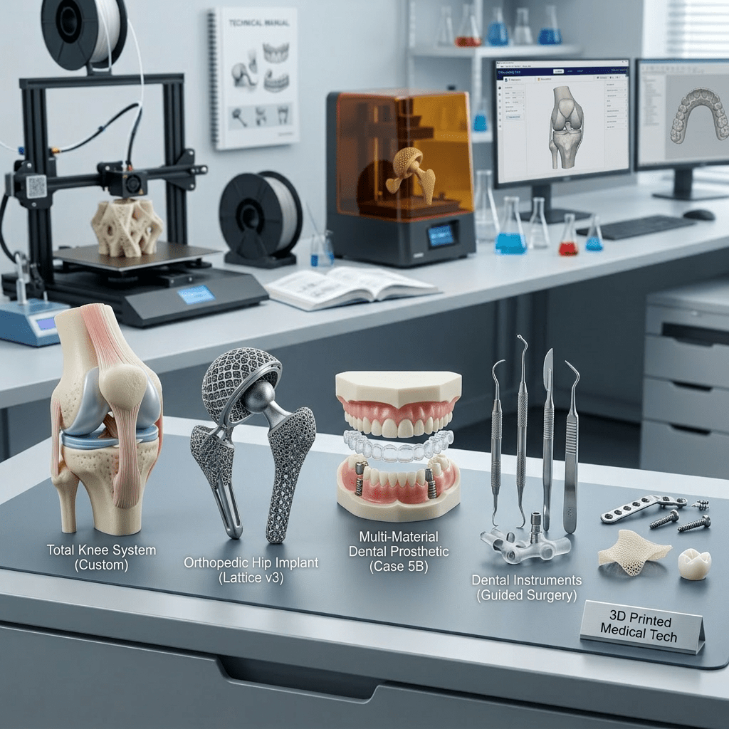 Various 3D printed medical models including an osteo-scaffold, bio-hand prosthesis, cardiac model, and ergonomic brace on a lab table.